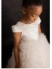 Cap Sleeves Ivory Lace Tulle Ruffled Stunning Flower Girl Dress